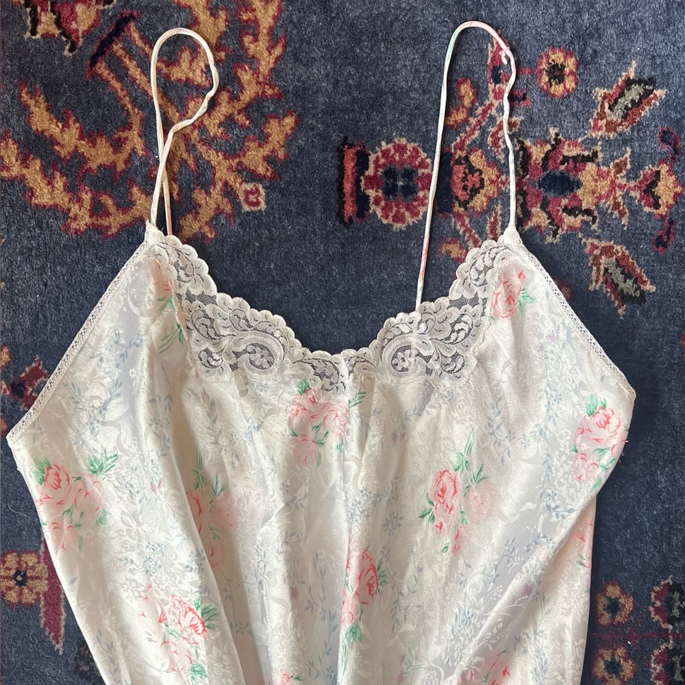 Vintage Floral Satin Slip Dress – Lace Trim